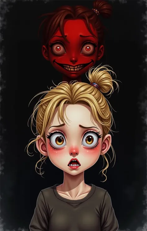 A masterpiece created with watercolors and digital painting. A frightened face of a young bulgarian girl, rounded eyes, mouth slightly open from fear, fear on the face, blonde, hair twisted into a bun, gaze looks slightly to the side, black background, background in darkness with a shadow, from the shadow of darkness behind the girl a red face with a sinister grin appears, the image was created with watercolors and digital painting --v 6.1