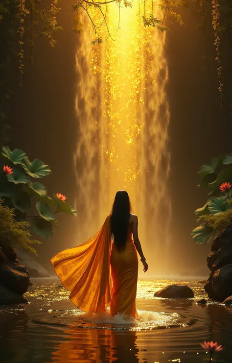 Beautiful indian woman in gold sari on golden light backdrop waterfall with hivemind lotus, in the style of photorealistic fantasies, mirrored realms, dark silver and dark amber, neon lights, exotic atmosphere, shaped canvas, dark and intricate, l ultra detailed fractal flame motif with black lotus in a sumi-e art style masterpiece --v 6.1