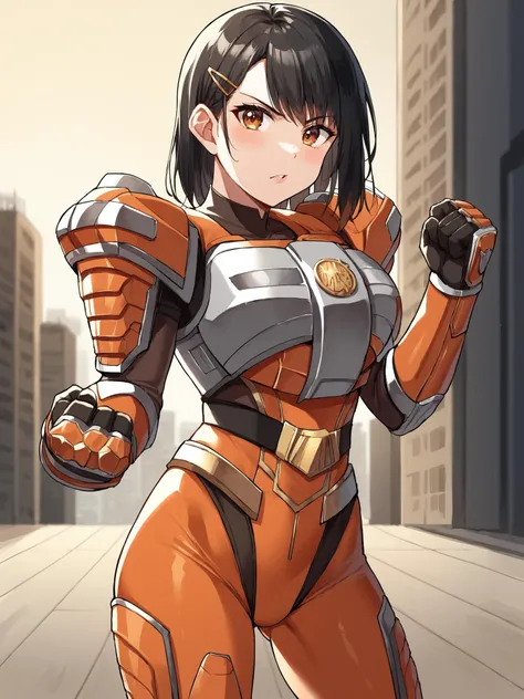 score_9, score_8_up, score_7_up, zPDXL, zPDXLpg, source_anime, <lora:offset_0.2:0.1>, <lora:spo_sdxl_10ep_4k-data_lora_webui:1>,
1girl, solo, black hair, medium hair, hair behind ear, hairclip, brown eyes,
looking at viewer,
cowboy shot, fighting stance, clenched hand, ass visible through thighs,
bodysuit, armored bodysuit, armor, pauldrons, breast plate, gauntlets, gloves, <lora:Sazer_Visuel:1.0>,
outdoors, city, street