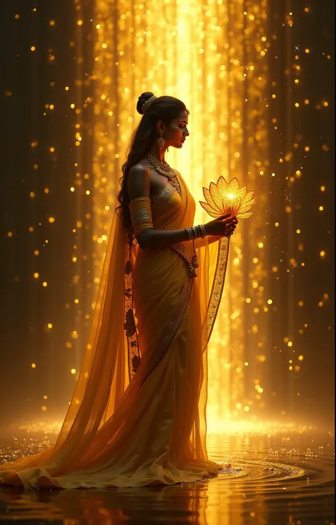 Beautiful indian woman in gold sari on golden light backdrop waterfall with hivemind lotus, in the style of photorealistic fantasies, mirrored realms, dark silver and dark amber, neon lights, exotic atmosphere, shaped canvas, dark and intricate, l ultra detailed fractal flame motif with black lotus in a sumi-e art style masterpiece --v 6.1