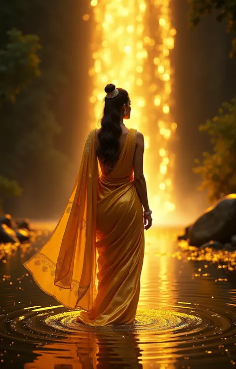 Beautiful indian woman in gold sari on golden light backdrop waterfall with hivemind lotus, in the style of photorealistic fantasies, mirrored realms, dark silver and dark amber, neon lights, exotic atmosphere, shaped canvas, dark and intricate, l ultra detailed fractal flame motif with black lotus in a sumi-e art style masterpiece --v 6.1