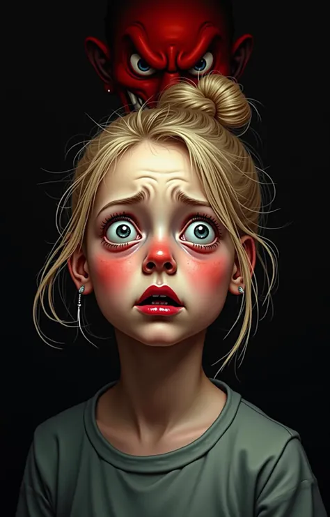 A masterpiece created with watercolors and digital painting. A frightened face of a young bulgarian girl, rounded eyes, mouth slightly open from fear, fear on the face, blonde, hair twisted into a bun, gaze looks slightly to the side, black background, background in darkness with a shadow, from the shadow of darkness behind the girl a red face with a sinister grin appears, the image was created with watercolors and digital painting --v 6.1