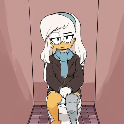 score_9, score_8_up, score_7_up, score_6_up,score_5_up,score_4_up, 1girl, source cartoon, della duck, ducktales, duck, beak, bird, white skin, white body, long hair, hair, white hair, female, orange legs, webbed feet, scut tail, cute, tired, worried, sitting down, on toilet, inside bathroom, bad light, short half way down, hunch, elbows on legs, looking at you, dutch angle shot, legs spread, pregnancy test, <lora:Della_Duck:1> <lora:Pregnancy_Test:1>, ZPDXL, <lora:more_details:1> <lora:xl_more_art-full_v1:1> <lora:ugly_style:-1>