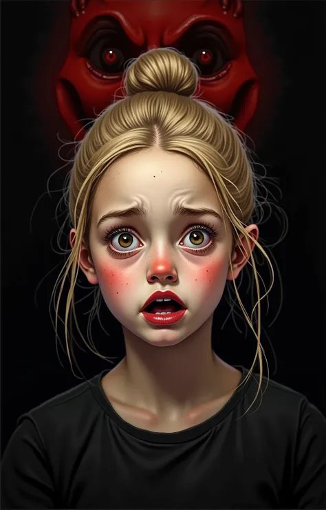 A masterpiece created with watercolors and digital painting. A frightened face of a young bulgarian girl, rounded eyes, mouth slightly open from fear, fear on the face, blonde, hair twisted into a bun, gaze looks slightly to the side, black background, background in darkness with a shadow, from the shadow of darkness behind the girl a red face with a sinister grin appears, the image was created with watercolors and digital painting --v 6.1