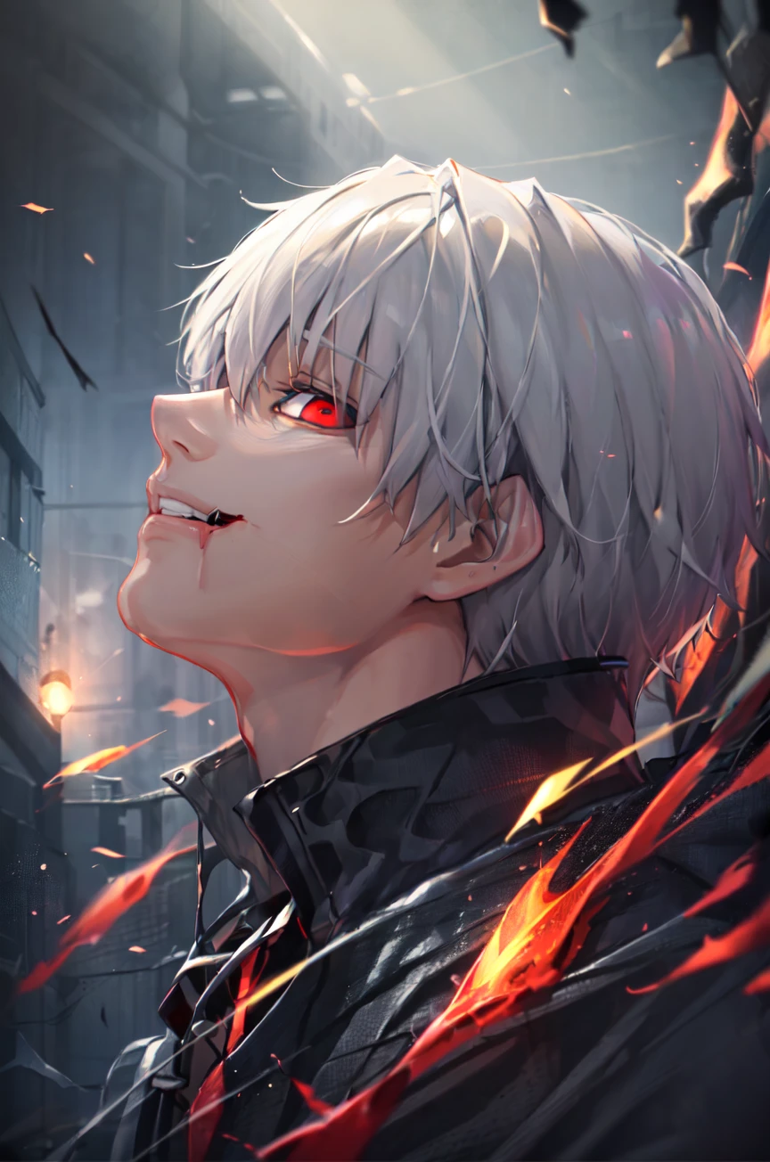 kk, best quality, more details, masterpiece, portrait, 1boy, male focus,  (evil:1.2),(from below:1), male focus, solo, smile, kaneki ken, heterochromia, black sclera, colored sclera, white hair, red eyes, looking at viewer, grin, portrait, bangs, short hair,dark energy, colorful, vibrant colors, portal to another world, side view, face_focus, zoomed_face, zoomed_in, bokeh,
bloody, evil, dark,moody, spooky background, villian, colorful, beautiful,
ultra realistic, intricate details, elegant, hyper realistic, tonemapping, hyperfocus, sharp focus, [volumetric lighting],photorealistic realistic, luxurious, 8k, detailed, ray tracing, depth of field, cinematic lighting, small gold particles,  <lora:kaneki:0.7>