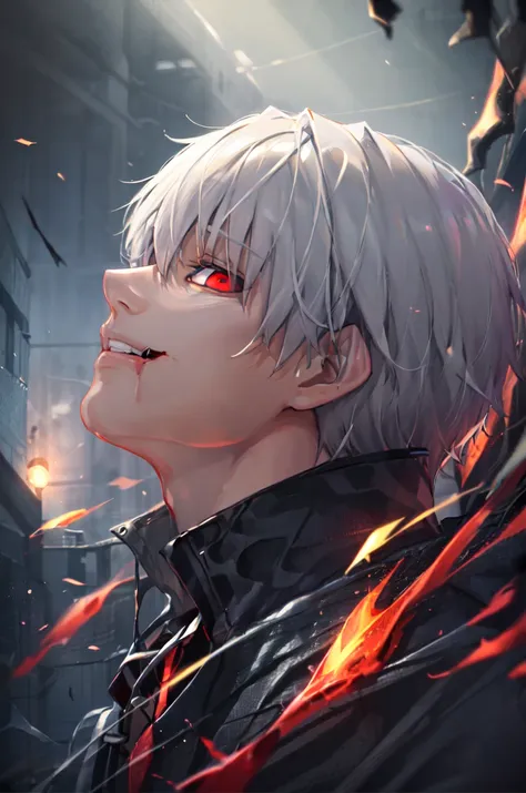 kk, best quality, more details, masterpiece, portrait, 1boy, male focus,  (evil:1.2),(from below:1), male focus, solo, smile, kaneki ken, heterochromia, black sclera, colored sclera, white hair, red eyes, looking at viewer, grin, portrait, bangs, short hair,dark energy, colorful, vibrant colors, portal to another world, side view, face_focus, zoomed_face, zoomed_in, bokeh,
bloody, evil, dark,moody, spooky background, villian, colorful, beautiful,
ultra realistic, intricate details, elegant, hyper realistic, tonemapping, hyperfocus, sharp focus, [volumetric lighting],photorealistic realistic, luxurious, 8k, detailed, ray tracing, depth of field, cinematic lighting, small gold particles,  <lora:kaneki:0.7>