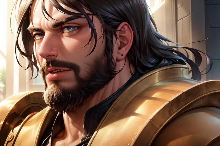 (Highres), 4K, 8K, Detailed Illustration, Ambient Light, Realistic Shadows, Digital Art, Soft Lighting, Reflections, Detailed Face, (Detailed Hair:1.2), (Hyper-Detailed Eyes:1.2),
Mature Male, Male Focus, Old, King, Black Beard, Black Hair, Armor,