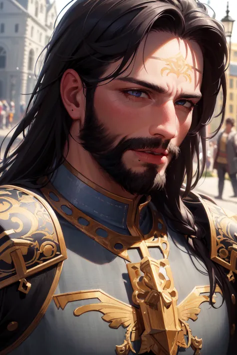 (Best Quality, Masterpiece:1.4), (Realism:1.2), (Realisitc:1.2), (Absurdres:1.2), 4K, Detailed, Ultra-Detailed, Digital Art, Detailed Face, (Hyper-Detailed Eyes:1.2), (Ornate:1.2),
Town, (Renaissance:1.2), Vintage,
Solo, (Male:1.2), (Brutal:1.2), (Face Focus:1.2), (Face Close-Up:1.1),
Black Hair, Long Hair, (Black Beard:1.2),
Armor, (Large Detailed Pauldrons:1.2), Shoulder