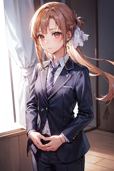 ((1girl, solo, Stacia)), standing, (three quarters views:1.2), (blazer, tie, pants:1.2), indoors, best quality, extremely detailed, CG, intricate, (depth of field:1.4), <lora:asuna_(stacia)-000007:0.55>