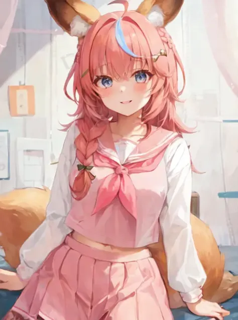 1girl, ahoge, animal ear fluff, animal ears, sailor collar, serafuku, skirt, pink hair, blush, braid, medium breasts, cowboy shot, cropped shirt, eyes visible through hair, deer ears, deer girl, fox tail, wavy hair, long sleeves, looking at viewer, midriff, navel, neckerchief, parted lips, pink hair, blue eyes, sailor collar, school uniform, skirt, smile, solo, streaked hair, tail