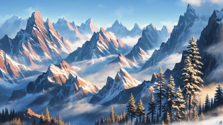 trees, mountains, modern, landscape, (highly detailed environment:1.3), (atmospheric volumetric fog:1.1), (masterpiece:1.4) (best quality:1.4) (8k) (HDR) (wallpaper) (sharp focus) (intricate)