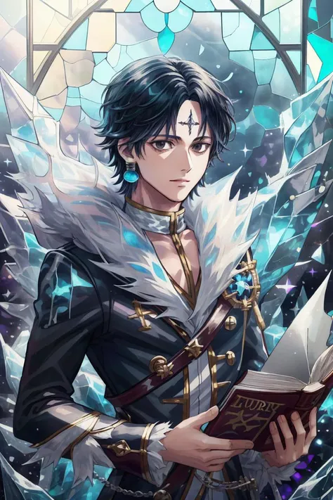 <lora:ANIME_HXH_ChrolloLucilfer_v10:0.8><lora:STYLE_stainedglass_v10:0.9>, chrollo lucilfer, solo, 1boy, male focus, earrings, jacket, fur trim, black eyes, holding book, crystal forest background, stained glass sky, portrait, dappled sunlight, outside <lora:ANIME_STYLE_HandsomeMale25d_v10:0.2><lora:FEATURE_Betterhands_Locon_alpha3:0.2><lora:HDR_EpiNoiseoffset_Pynoise_v2:0.3><lora:STYLE_AbstractDisco:0.25> <lora:STYLE_Crystalline_v10:0.25> crystalline crown, 64K, f1.2, 800mm, UHD, dynamic lighting