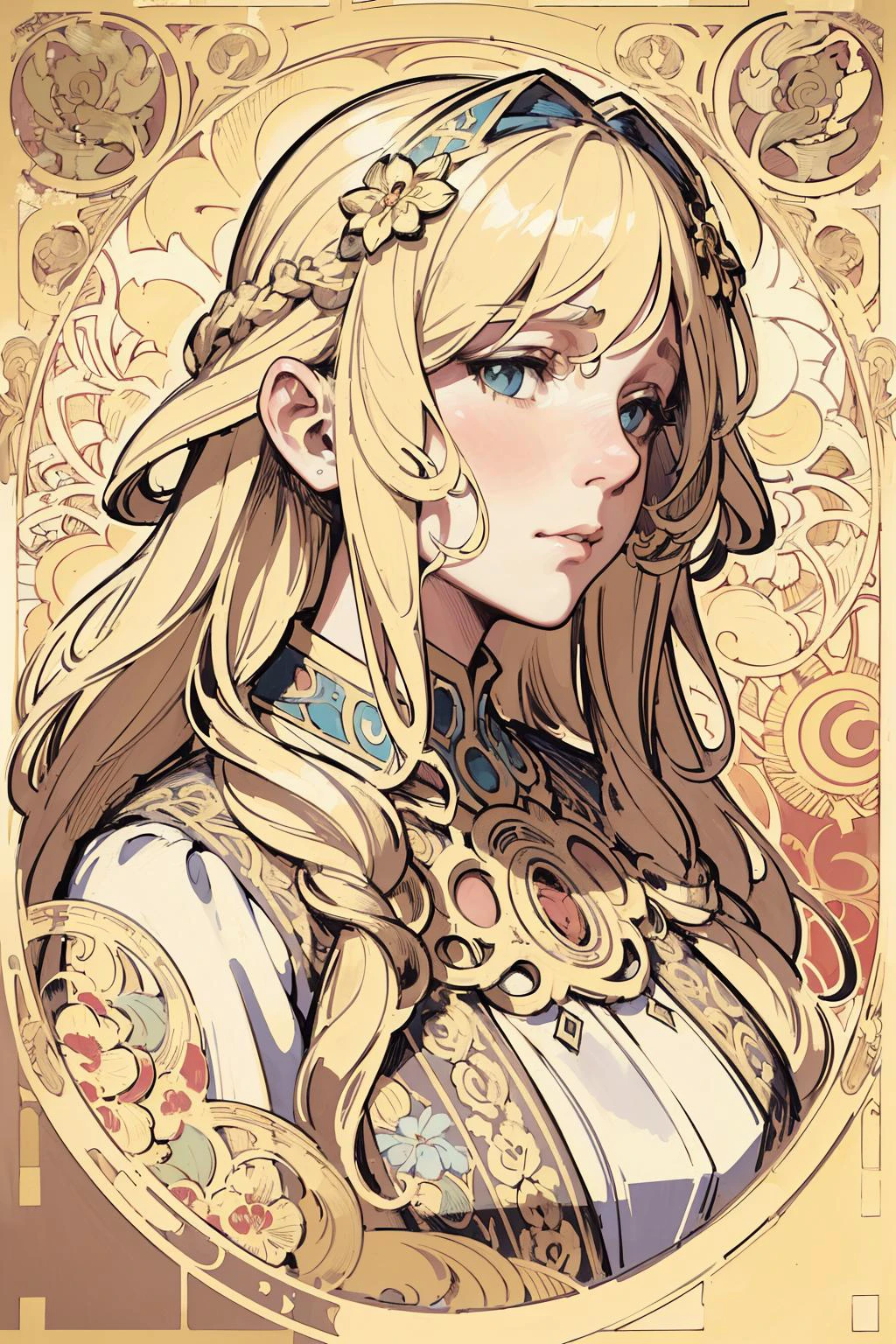 face portrait of a European female , long curly hair, blond, floral frame, Decorative panels, abstract
artistic, by Alphonse Mucha
(Masterpiece, Best Quality, Highres:1.4), Detailed, Intricate Details, 4K, color splashes, line art, fibonacci,