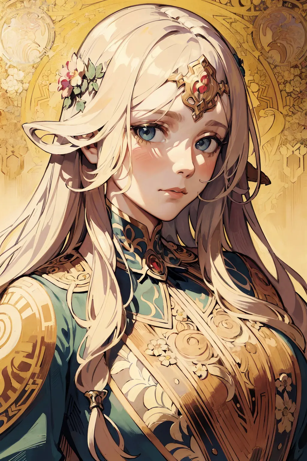 face portrait of a European female , long curly hair, blond, floral frame, Decorative panels, abstract
photorealistic, artistic, by Alphonse Mucha
(Masterpiece, Best Quality, Highres:1.4), Detailed, Intricate Details, 4K, color splashes, line art, fibonacci,