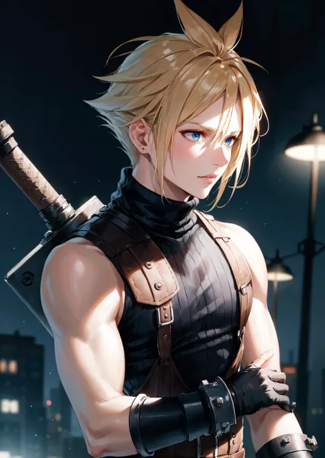 masterpiece, best quality, 1boy, Cloud Strife, shoulder armor, sleeveless turtleneck, suspenders, belt, baggy pants, gloves, bracer, boots, neon lights, futuristic city, night time, upper body, portrait, centered, up close <lora:cloudstrife-nvwls-v1-final:0.8>