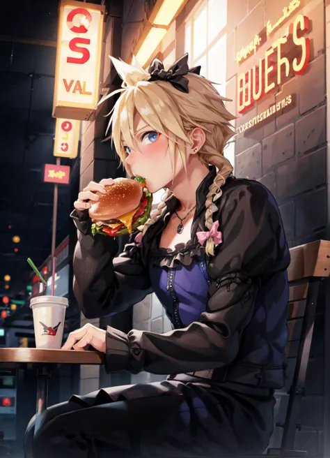masterpiece, best quality, 1boy, Cloud Strife, crossdressing, twin braids, male focus, frilled dress, hair bow, diner background, neon signs, <lora:cloudstrife-nvwls-v1-final:1>, <lora:hugeTwoHandedBurger_v2:0.6>, two-handed burger, eating, close up, sitting at table, <lora:styleDagashiDaga2626_e04:0.8>, looking at viewer