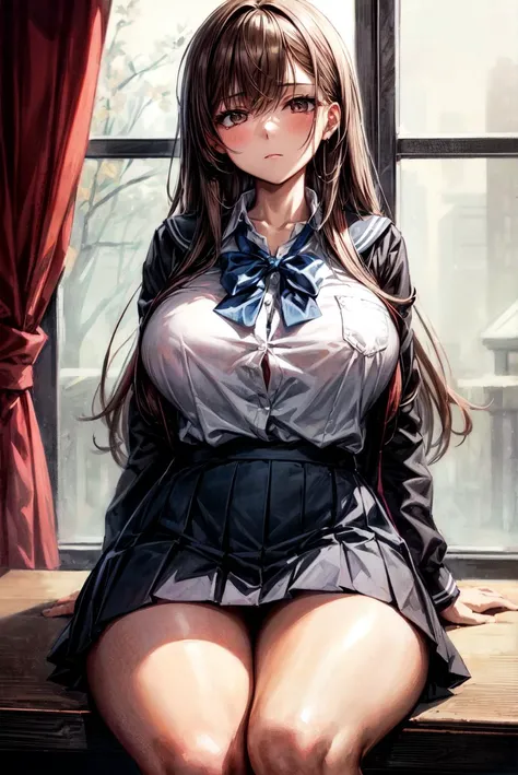 masterpiece, highly best quality, colorful, a woman, (girl uniform), (gal), (emotionless face), brown hair, high contrast shiny oily skin, huge long breasts, nsfw , <lora:flat2:-1>
