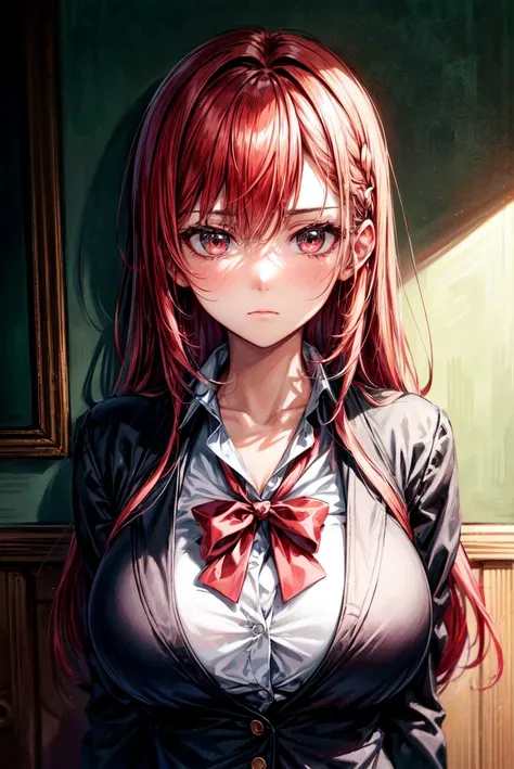 masterpiece, highly best quality, colorful, a woman, (schoolgirl uniform), (gal), (emotionless face), red hair, high contrast shiny oily skin, huge long breasts, sfw , <lora:flat2:-1>