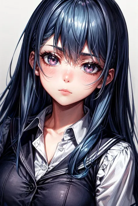 masterpiece, highly best quality, colorful, a woman, (schoolgirl uniform), (gal), (emotionless face), soxe blue hair, high contrast shiny oily skin, huge long breasts, sfw , <lora:flat2:-1>