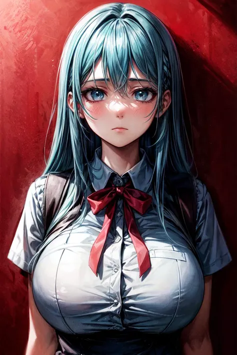 masterpiece, highly best quality, colorful, a woman, (schoolgirl uniform), (gal), (emotionless face), cyan hair, high contrast shiny oily skin, huge long breasts, sfw , <lora:flat2:-1>
