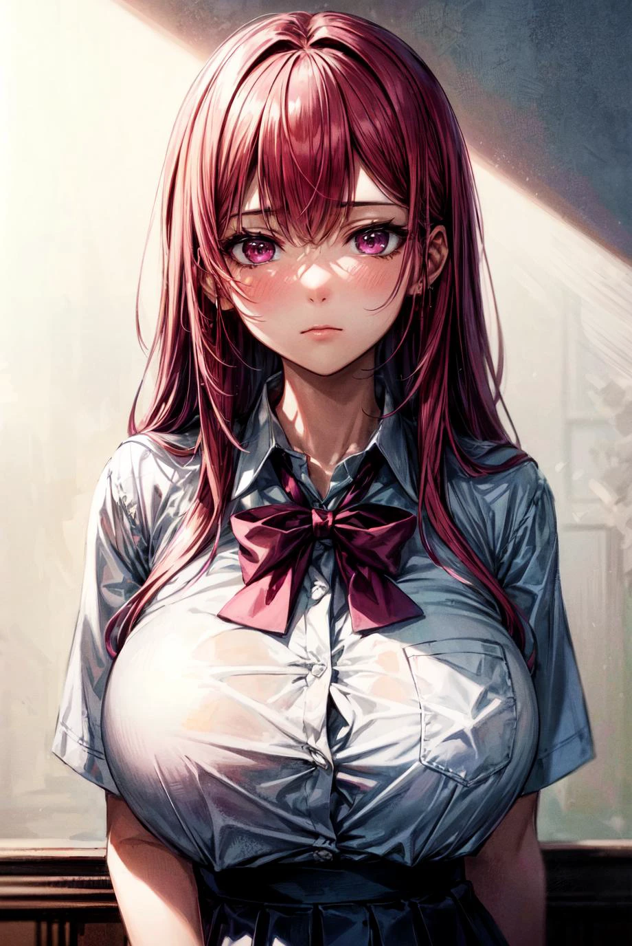 masterpiece, highly best quality, colorful, a woman, (girl uniform), (gal), (emotionless face), magenta hair, high contrast shiny oily skin, huge long breasts, sfw , <lora:flat2:-1>