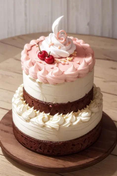 masterpiece, high quality, best quality, pink cream cake, cherry, foodphoto, <lora:foodphoto:0.6>