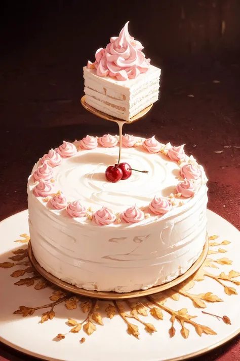masterpiece, high quality, best quality, pink cream cake, cherry, foodphoto, <lora:foodphoto:0.6>