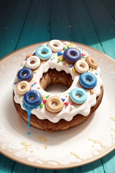 masterpiece, high quality, best quality, 1 donut, (blue glaze), colored sprinkles, foodphoto, <lora:foodphoto:0.6>,