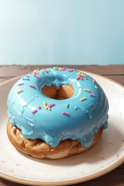 masterpiece, high quality, best quality, 1 donut, (blue glaze), colored sprinkles, foodphoto, <lora:foodphoto:0.6>,