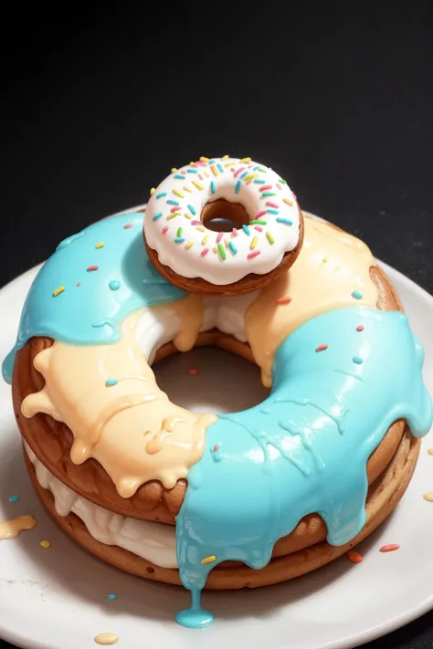 masterpiece, high quality, best quality, 1 donut, (blue glaze), colored sprinkles, foodphoto, <lora:foodphoto:0.6>,