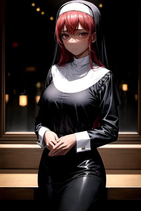 masterpiece, highly best quality, a mature woman or a young girl, nun, emotionless face, red hair, high contrast shiny oily dark skin, sfw, indoor background, <lora:flat2:-1>