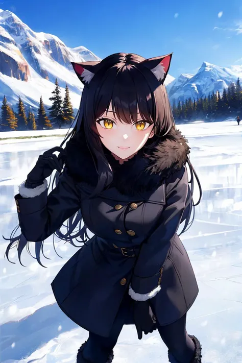 masterpiece:1.2, best quality, mountain, snow, winter, ice rink, ice skating, 1girl, <lora:Belladonna:0.8>, Belladonna, cat ears, long hair, black winter coat, gloves, boots, medium breasts, black hair, yellow eyes, standing, up close, standing, looking at viewer, smiling