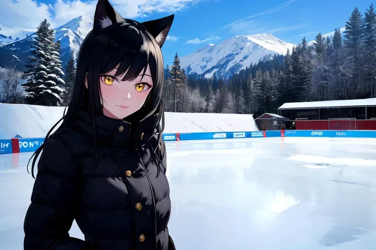 masterpiece:1.2, best quality, mountain, snow, winter, ice rink, ice skating, 1girl, <lora:Belladonna:0.8>, Belladonna, cat ears, long hair, black winter coat, gloves, boots, medium breasts, black hair, yellow eyes, standing, up close, standing, looking at viewer, smiling
