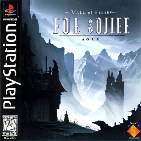 masterpiece,best quality, box art, The Vale of Shadows: A dark and foreboding valley where no sunlight ever penetrates, logo, English text, <lora:PS1BoxArtV1.2:1.0>