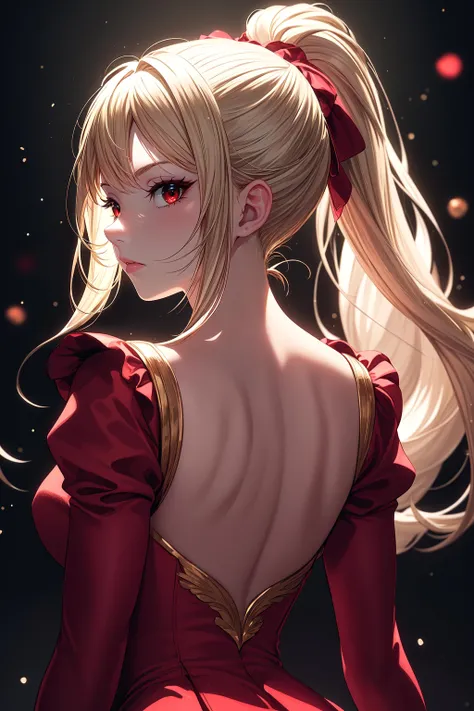 (masterpiece, best quality:1.2), (face focus:1.4), back focus, from behind, blonde hair, long hair, high ponytail, long ponytail, red eyes, long eyelashes, thick eyelashes, looking at viewer, red dress, backless dress, gold trim dress, puffy sleeves, juliet sleeves, long sleeves, red sleeves, (black background:1.2), light particles, blurry, bloom, shiny hair, <lora:Add Detail:0.5>