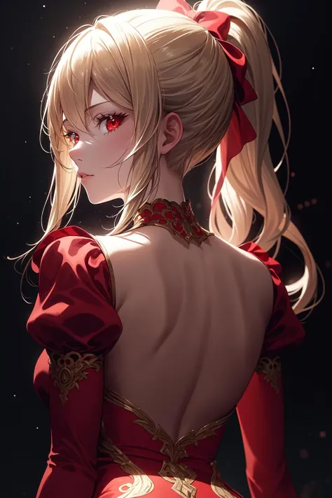 light particles, soft lighting, volumetric lighting, intricate details, finely detailed,

1girl, solo,

blonde hair, long hair, high ponytail,

red eyes, long eyelashes, thick eyelashes, looking at viewer,

red dress, ornate dress, backless dress, puffy sleeves, juliet sleeves, (long sleeves:1.2), red bow,

black background, simple background, from behind,

<lora:Add Detail:0.4>