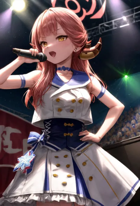 (masterpiece), best quality, (((ultra detailed, 8k quality))), expressive eyes, perfect face, perfect anatomy, perfect body, scene, <lora:scene_:0.7>, <lora:more_details:0.7>, <lora:beautiful_detailed_eyes:0.5>, <lora:GoodHands-vanilla:1>, <lora:give_it_a_name:0.7>,
AruIdol, long hair, horns, halo, blue choker, bow choker, idol clothes, white shirt, blue sailor collar, detached sleeves, blue corset, white skirt, pink belt, , <lora:CHAR-RikuhachimaAru:1>
(concert scene, concert stage), (holding microphone, dancing), (blue and green lights, stars), (pov from crowd), holding