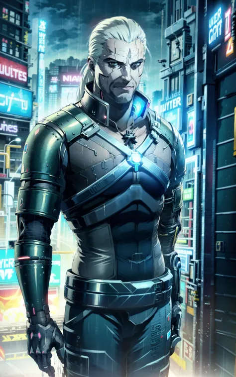 (1man:1.5), (medium chest:1.5), (geraldoW3:1.3), solo,
((high resolution illustration)), ((masterpiece)), ((best quality)), high detail, many details, atmospheric, dynamic angle, dynamic,
(textured skin:1.4), (detailed white hair: 1.9), (detailed eyes:1.4), long hair, intricate hair, nice hands, perfect hands, solo focus, detailed brows, facial hair, beard, scar across eye, muscular, male focus, muscular male,, (cyborg:1.5), science fiction, (cyberpunk:1.5), (cybersword:1.3),
detailed lighting, realistic colours, bright colours,
(cyber armor:1.5), shoulder armor, chainmail, weapon on back, medallion,
tired,
wet hair, water drops on hair,
wet clothes,
in the rain,
rain, rainy day, outside, city,
night city, neon, neon lights, skyscrapers, hologram on background, cyberpunk, sci-fi,
<lora:geraltW3:0.7>, <lora:cyberpunkEdgerunners_offset:0.8>,
<lora:Showeringv2:0.4>
