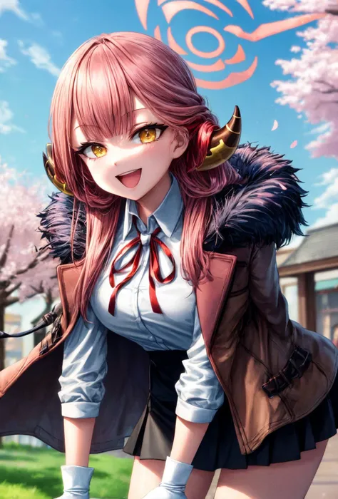 (masterpiece), best quality, (((ultra detailed, 8k quality))), expressive eyes, perfect face, perfect anatomy, perfect body, scene, <lora:scene_:0.7>, <lora:more_details:0.7>, <lora:beautiful_detailed_eyes:0.5>, <lora:GoodHands-vanilla:1>, <lora:give_it_a_name:0.7>,
AruBase, long hair, horns, halo, dress shirt, white shirt, long sleeves, red neck ribbon, black skirt, high-waist skirt, side slit, white gloves, coat on shoulders, fur-trimmed coat, <lora:CHAR-RikuhachimaAru:1>,
standing, outdoors, smile, open mouth, cherry blossoms, ((bent over))