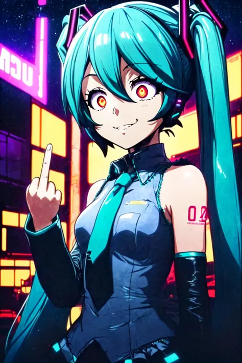 featured on pixiv,
Digital art inspiration from modern masters like (Hiroyuki Imaishi, Yutaka Nakamura, Yoh Yoshinari:1.3)
,the artwork should encapsulate 1girl, solo, (hatsune miku reimagined in a cyberpunk universe:1.3), bare shoulders, collarbone, detached sleeves, halterneck, (goinginsane, eye focus, constricted pupils, crazy eyes, evil smile:1.25), twintails, long hair, hair between eyes, (bags under eyes:1.2), (middle finger, flipping off:1.3)
,(scenery, night, starry sky, building, outdoors, cyberpunk city:1.3), surreal, (sci-fi, futuristic, cyberpunk aesthetic:1.3)
,octans, (tenebroso, chiaroscuro:1.3)
,(golden ratio, best quality, masterpiece:1.2), (the most beautiful image ever seen) <lora:more_details:0.4> <lora:GoingInsane:0.7> <lora:MidFing:1> <lora:[LoHa] Octanså«åå Stylev2:0.5>