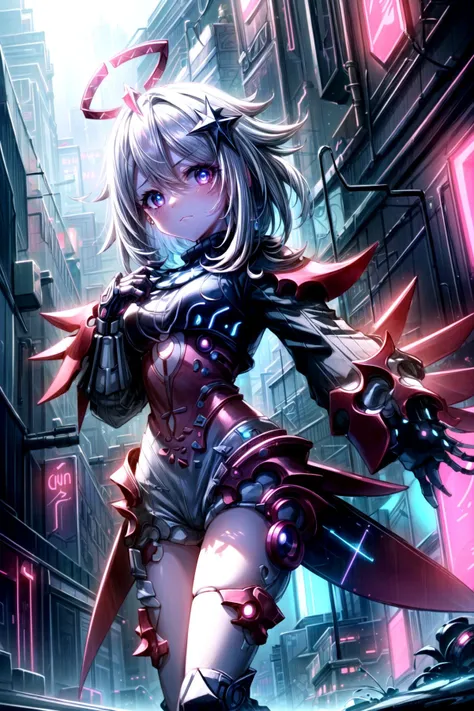 paimon \(genshin impact\),(masterpiece:1.3),short hair,long sleeves,detached sleeves,(sleeves past fingers:1.2),sleeves past wrists,skin tight,clothing cutout,white dress,(side slit:1.1),halo,white hair,hair ribbon,(cyberpunk:1.5),(mechanical parts:1.4),nice hands,perfect hands,(glowing eyes:1.1),(cyberpunk cityscape:1.3),cityscape,(cyber armor:1.2),science fiction,<lora:Saturation Tweaker:0.4>,<lora:add_detail:1.4>,(cyberware:1.2),pink,neon,(neon trim:1.4),(neon lights:1.2),neon palette,dynamic pose,<lora:GoodHands-beta2:1.2>,<lora:CyberPunkAI:0.2>,CyberpunkAI,<lora:paimon:0.9>,