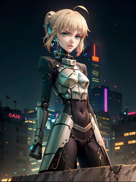 (extremely detailed CG), (best quality), perfect face, shiny skin, lustrous skin ,narrow waist, 1girl,solo, wide hips <lora:saber_v1:0.7> phSaber, phAltoria,ahoge ,bodysuit robot joints, mechanical arms, <lora:Cyberpunk_style-05:1.3> Cyberpunk Style