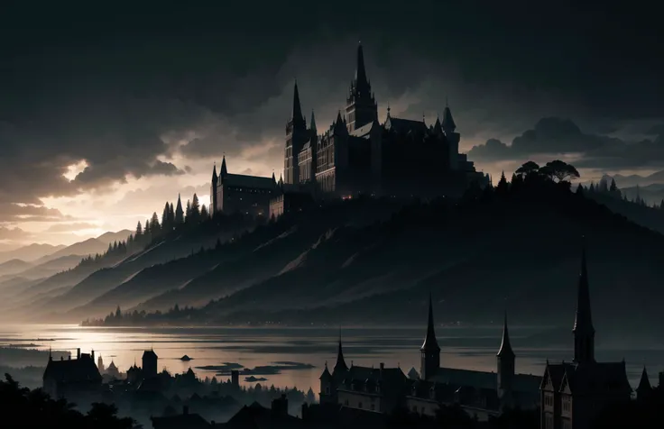 ((masterpiece, best quality)), absurdres, ((detailed background)), ((ultra detailed)), view from above, wide angle, (medieval city:1.3), gothic, (gothic city:1.6), (huge cathedral with high towers:1.2), stone walls with towers, spikes, many medieval homes with chimneys, smoke from chimneys,(castle:1.5), (gothic palace:1.2), (clocktower:1.3), sea port, (ships:1.1), at night, moon, moonlight, rain, landscape, detailed background, medieval, dark fantasy, cloudy sky, dark, torchlights, overpopulated, many details, city, fantasy, realistic lightning, (black stone), scenery,aerial view,((panoramic view)), <lora:gothichorrorai_v10:0.5>, river, ships,
detailed lighting, realistic colours, vivid colours, the most beautiful form of chaos, elegant,romanticism, ecstasy of light and shadow, deep shadow, (low key:1.3), (dark theme:1.3),
<lora:lowkey_v1.1:0.7>, <lora:Ink scenery:0.5>