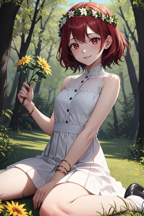 1 girl,mature,solo,small breasts,beautiful red eyes,ruby textured pupils,(smiley and round eyes),madder red hair,(wavy hair end ),(short hair),
kind_smile,(wariza:1.2),sitting on grass,flowers,(holding flowers:1.2),(pale green polka_dot_),white dress,pleated_dress,shiny_clothes,bracelet,head_wreath,
blurry foreground,sun light though leafs,warm lighting,(forest:1.5),light particles,