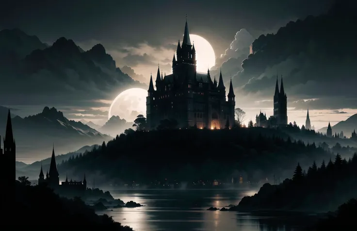 ((masterpiece, best quality)), absurdres, ((detailed background)), ((ultra detailed)), view from above, wide angle, (medieval city:1.3), gothic, (gothic city:1.6), (huge cathedral with high towers:1.2), stone walls with towers, spikes, many medieval homes with chimneys, smoke from chimneys,(castle:1.5), (gothic palace:1.2), (clocktower:1.3), sea port, (ships:1.1), at night, moon, moonlight, rain, landscape, detailed background, medieval, dark fantasy, cloudy sky, dark, torchlights, overpopulated, many details, city, fantasy, realistic lightning, (black stone), scenery,aerial view,((panoramic view)), <lora:gothichorrorai_v10:0.5>, river, ships,
detailed lighting, realistic colours, vivid colours, the most beautiful form of chaos, elegant,romanticism, ecstasy of light and shadow, deep shadow, (low key:1.3), (dark theme:1.3),
<lora:lowkey_v1.1:0.7>, <lora:Ink scenery:0.5>