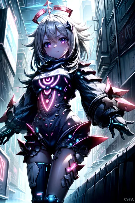 paimon \(genshin impact\),(masterpiece:1.3),short hair,long sleeves,detached sleeves,(sleeves past fingers:1.2),sleeves past wrists,skin tight,clothing cutout,white dress,(side slit:1.1),halo,white hair,hair ribbon,(cyberpunk:1.5),(mechanical parts:1.4),nice hands,perfect hands,(glowing eyes:1.1),(cyberpunk cityscape:1.3),cityscape,(cyber armor:1.2),science fiction,<lora:Saturation Tweaker:0.4>,<lora:add_detail:1.4>,(cyberware:1.2),pink,neon,(neon trim:1.4),(neon lights:1.2),neon palette,dynamic pose,<lora:GoodHands-beta2:1.2>,<lora:CyberPunkAI:0.2>,CyberpunkAI,<lora:paimon:0.9>,