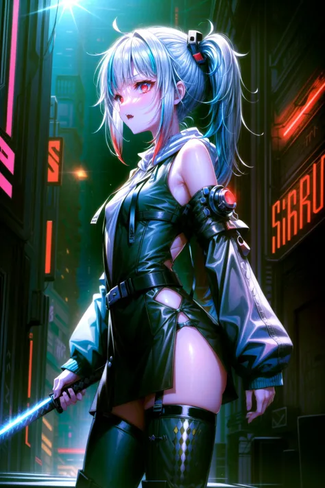 gawr gura,(masterpiece:1.3),silver hair,medium hair,streaked hair,(red hair streaks:1.1),fangs,sharp teeth,detached sleeves,red eyes,(see-through sleeves:1.3),miniskirt,(cyberpunk:1.5),(mechanical parts:1.5),bodysuit,(shark girl:0.9),(shark tail:1.1),small breasts,nice hands,perfect hands,holding sword,(katana:1.3),(energy sword:1.1),(glowing eyes:1.1),(cyberpunk cityscape:1.3),cityscape,(cyber armor:1.2),science fiction,<lora:Saturation Tweaker:1.1>,<lora:add_detail:1.3>,(cyberware:1.2),(neon trim:1.4),(neon lights:1.2),neon palette,dynamic pose,(disgust:1.4),<lora:GoodHands-vanilla:1.3>,<lora:gura:0.8>, gawr gura,blue hoodie,gura_red,black hoodie,side ponytail,gradient dress,