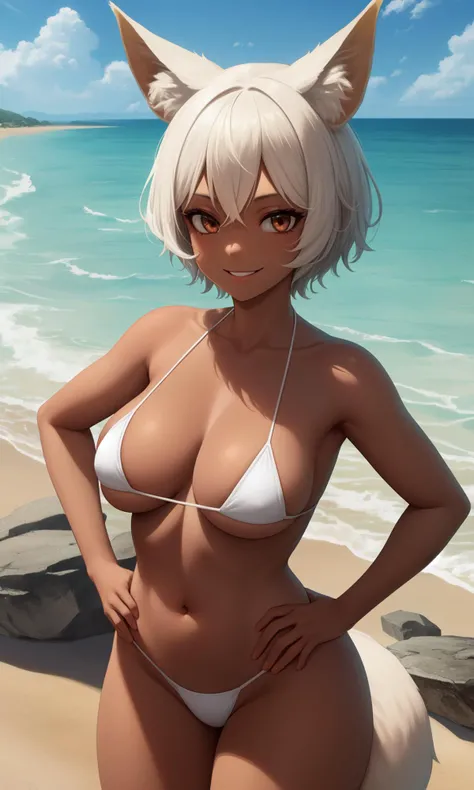 (masterpiece, best quality:1.2), extremely detailed, (detailed skin:1.1),
1girl, solo, upper body, dark skin, dark-skinned female, (tomboy:1.2), hip grab, fox girl, fox ears, tail, (fox tail:1.2),
standing, hands on hips,
very short hair,
brown eyes, long eyelashes, thick eyelashes, looking at viewer,
smile,
white bikini, micro bikini,
beach, water, waves, caustics, sand, plants, rocks,
<lora:Tomboy-3000-12repeats:0.8>