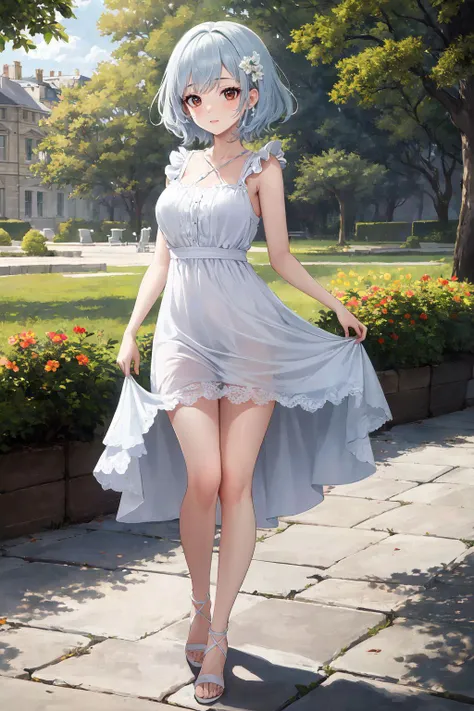 best quality, masterpiece, sharp focus, high resolution, ultra-detailed, 8k, 1girl, solo, wonderfully detailed full body illustration of beautiful woman wearing a white sundress, short curly hair, light blue hair, outside, daytime, sunlight