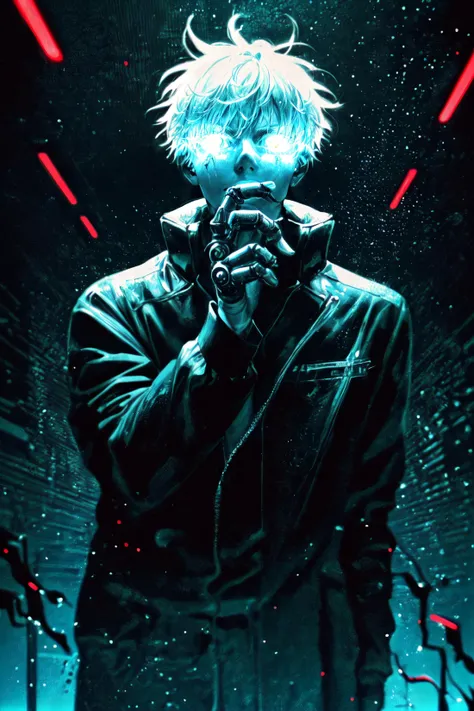 Drawing inspiration from modern masters like JOSAN GONZALEZ, LEOPOLDO D'ANGELO, MICHAH DOWBAK, the artwork should encapsulate satoru gojo, 1boy, aura, black jacket, blue eyes, blue fire, electricity, energy, energy ball, glowing, high collar, jacket, lightning, long sleeves, looking at viewer, magic, male focus, outstretched arm, outstretched hand, solo, standing, white hair, (sci-fi, futuristic, cyberpunk aesthetic, neuromancerc cyborg, cybernetic limps, cybernetic skin:1.3)
,(best quality, masterpiece:1.2) <lora:more_details:0.6> <lora:satorugojo-10:1>
